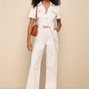 Lulu's Practical Perfection Ivory Twill Short Sleeve Kumpsuit